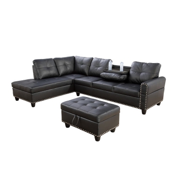 Ainehome Living Room Sectional Set, Leather Sectional Sofa in Home, with Storage Ottoman and Matching Pillows Left Hand Facing Black